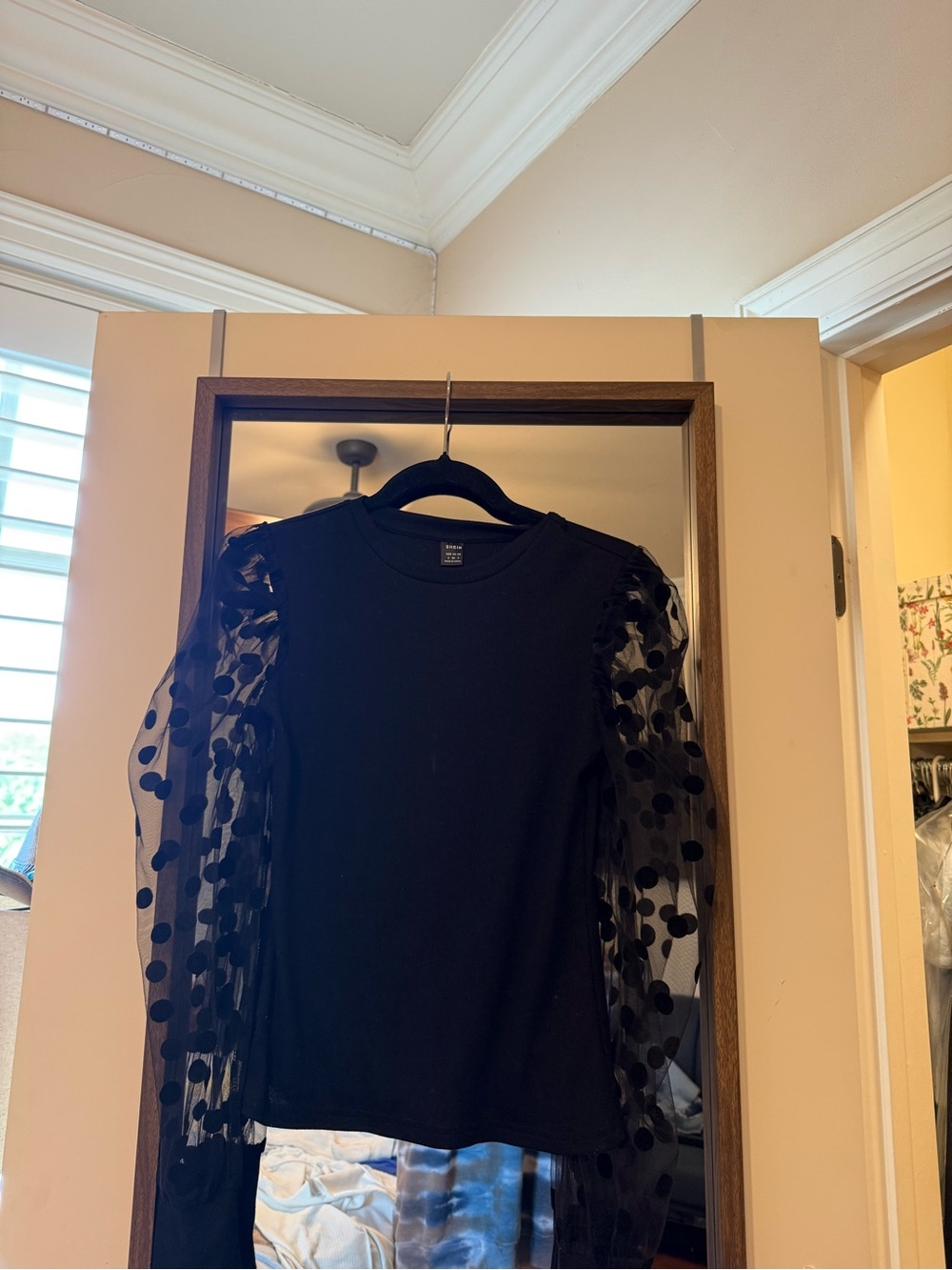 Black Polka Dot Mesh Sleeve Women's Top